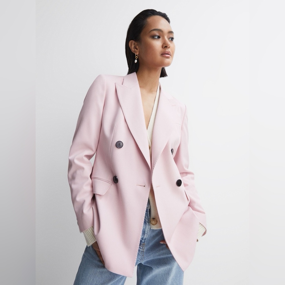 NWT REISS Evelyn Wool Blend Double Breasted Blazer in Pink